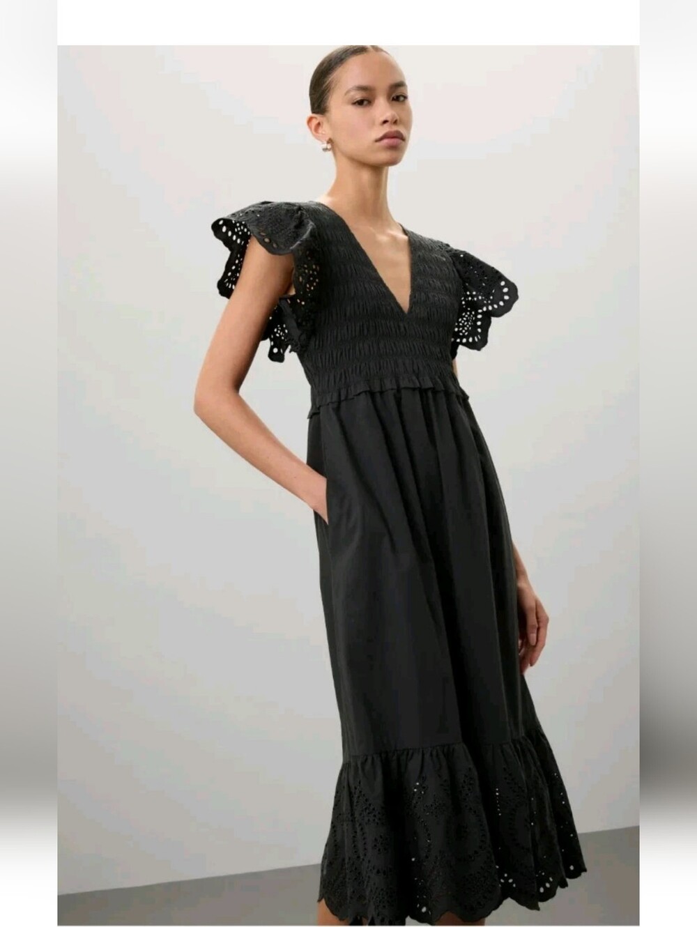 Rails Clementine Dress Black Eyelet Midi Dress Cotton Blend Pockets  Smocked M